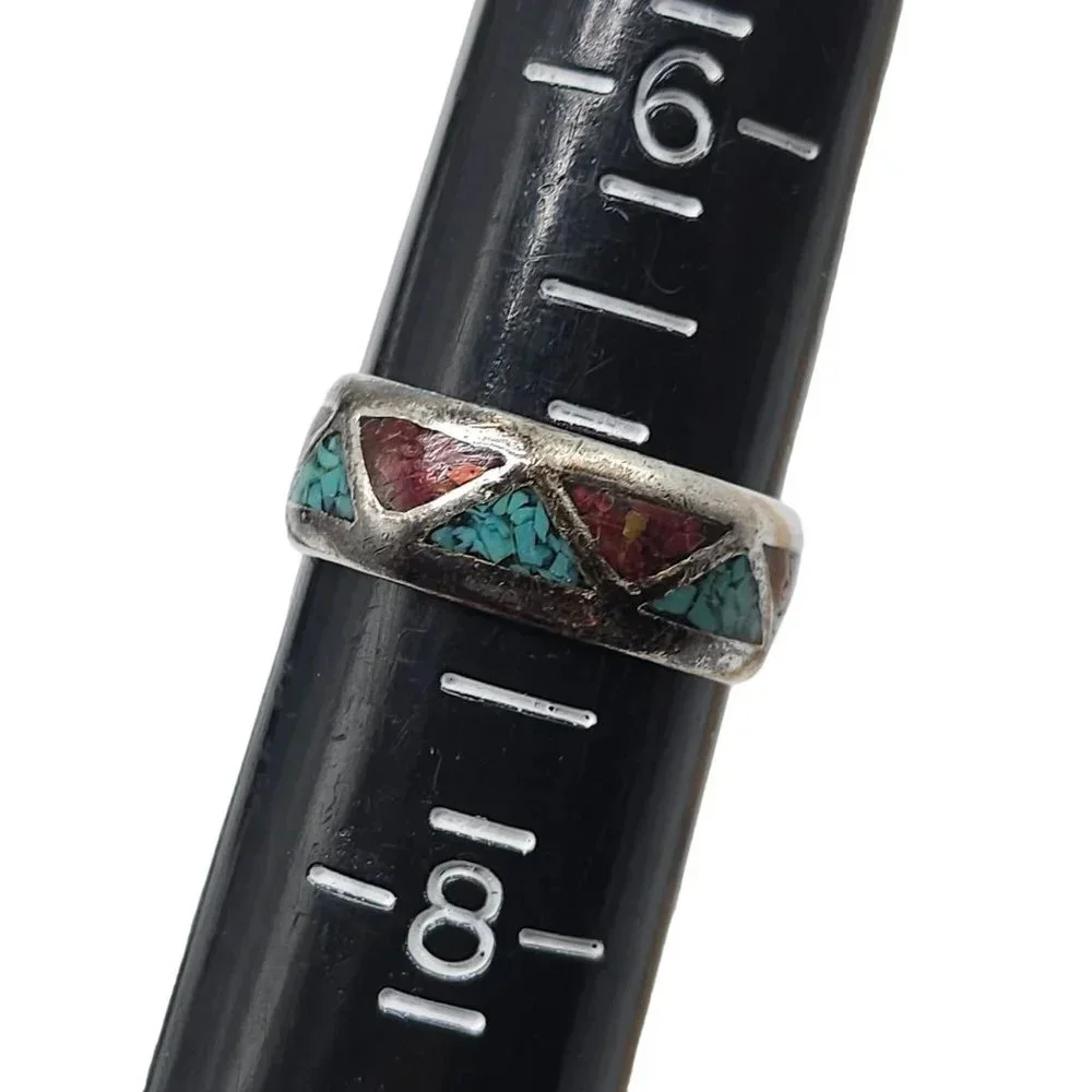 Crushed Blue Turquoise Red Coral Band Ring Size 7 Silver Tone Vintage Southwest